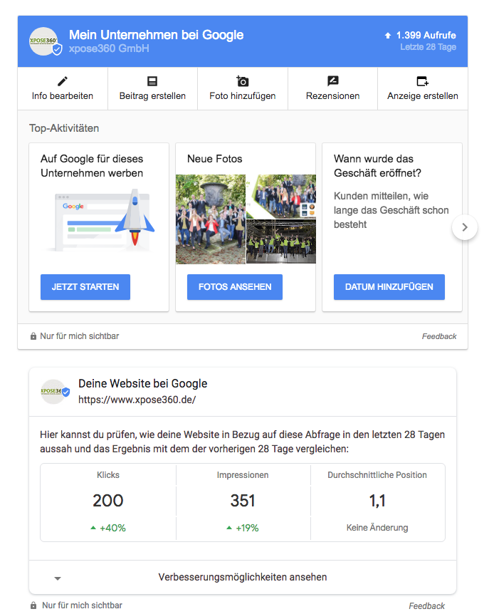 Detaillierte Unternehmensinformationen und Search Console Daten in den SERPs