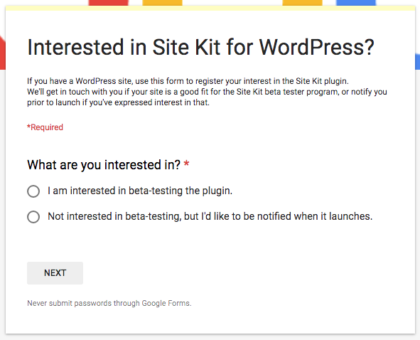 Anmeldeformular Site-Kit