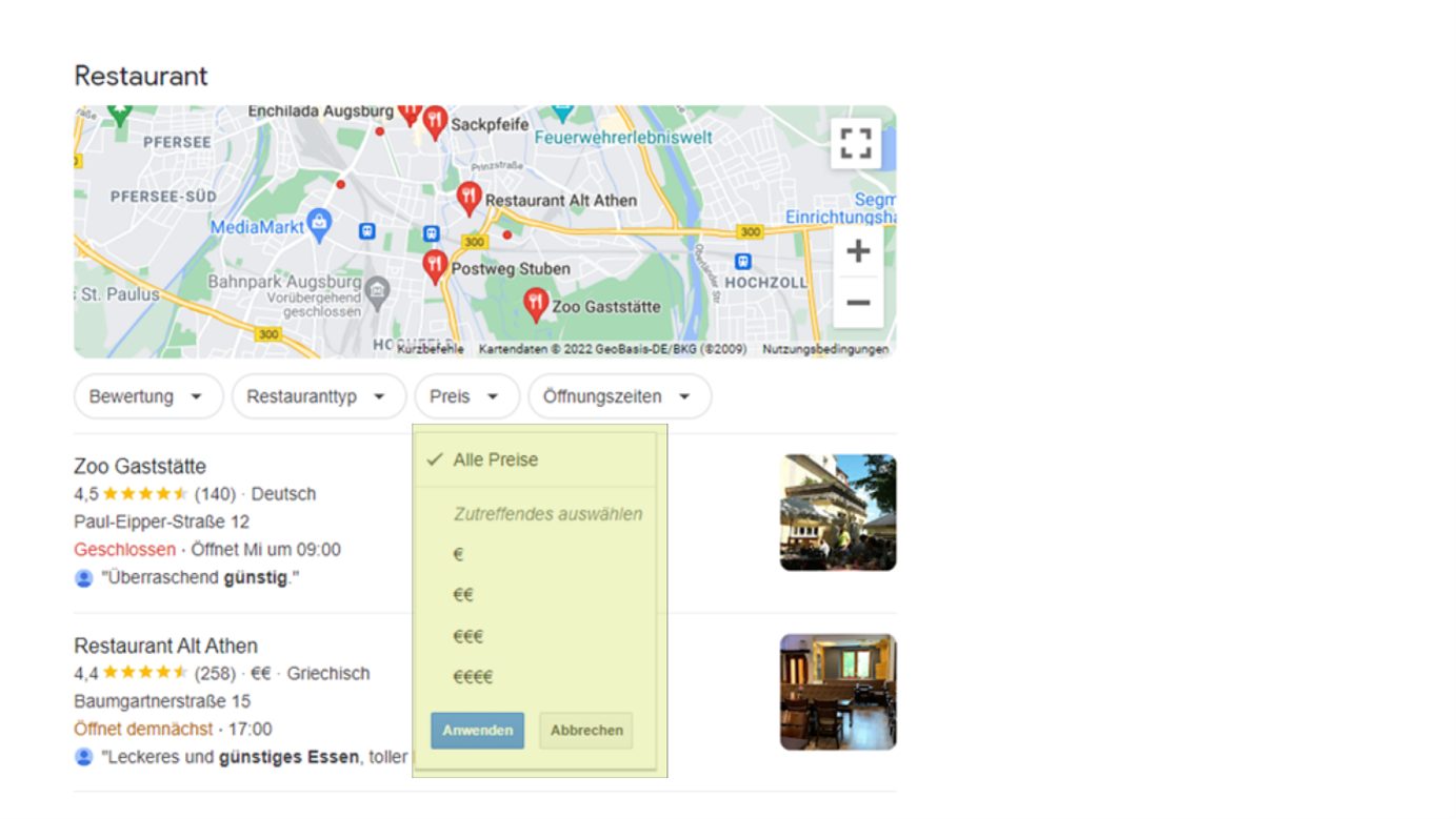 Restaurants können in den Google Suchergebnissen nach Preis gefiltert werden.