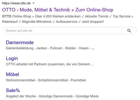 Sitelinks auf Suchergebnisseite von Otto mit den Unterkategorien Damenmode, Login, Möbel und Sale% für direkten Zugang für Nutzer:innen.