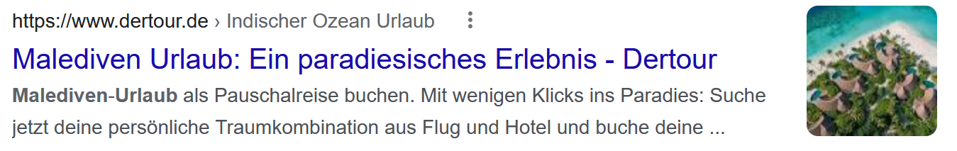 wenig informative Metadaten mit großspurigem Versprechen und langem Call-to-action, aber wenig handfesten Infos für einen guten SEO-Text.