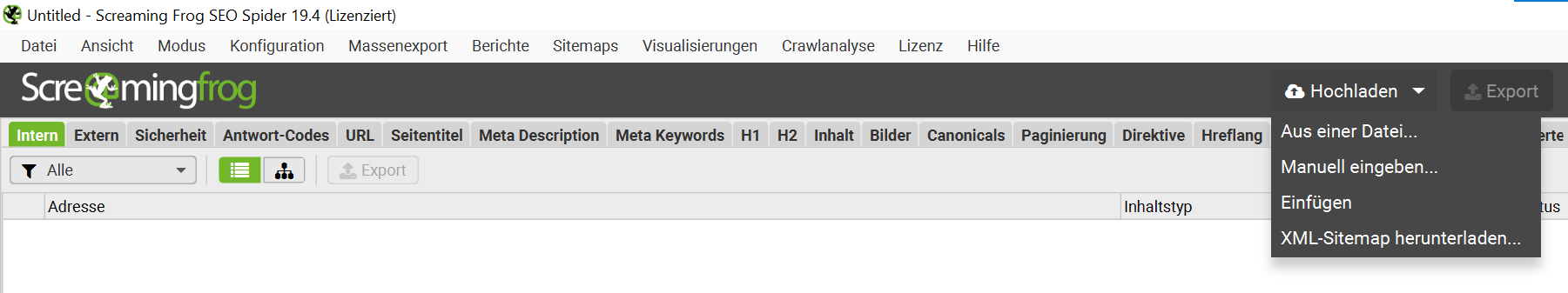 Crawling-Modus umstellen auf "Liste"