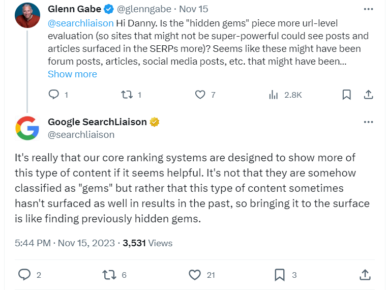 Twitter Post Danny Sullivan zu Hidden Gems Update