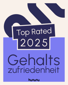 AUSZEICHNUNG kununu Top-Gehaltszufriedenheit kununu Top Rated 2025: Auszeichnung für hohe Gehaltszufriedenheit – Siegel in Lila und Dunkellila mit Text ‚Top Rated 2025 – Gehaltszufriedenheit‘